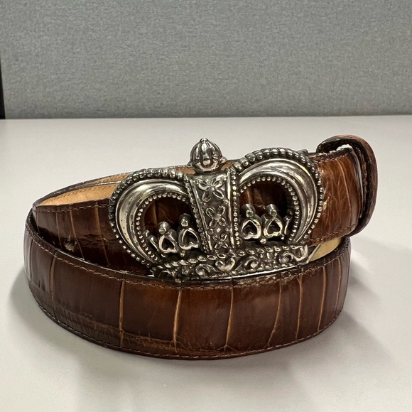 Brighton Vintage Silver Crown Buckle Mock Croc Brown Leather Waist Belt M/L - Picture 4 of 15